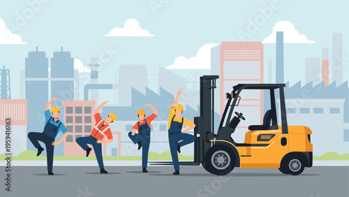 Group of factory workers in uniforms and hard hats performing group exercises in an industrial setting with a forklift.