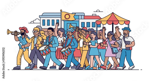Flat line art illustration of a festive parade, diverse crowd marching with musical instruments and drums, vibrant city street celebration scene