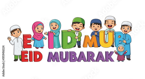 Eid Mubarak Greeting Card with Adorable Children Celebrating the Festival of Eid