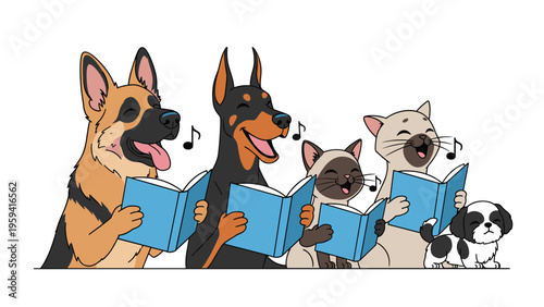Choir of cute dogs and cats singing together with blue songbooks against a clean white background with musical notes.
