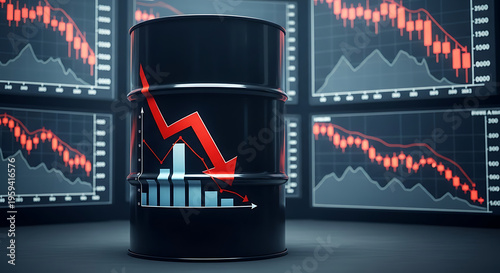 Global oil price drop concept with black barrel and falling red financial market charts background.