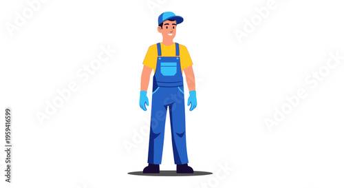 Illustration of a cheerful male worker wearing a blue cap, yellow t-shirt, blue overalls, and gloves, standing against a white background