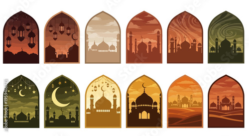 Collection of Islamic architectural silhouettes with moon and stars, set against vibrant sunset and earth-toned desert landscapes, evoking a sense of cultural heritage and serene spirituality