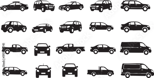 Black silhouettes of various vehicles on white background truck