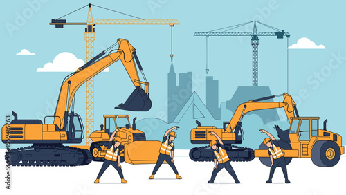 Construction workers doing group exercise and stretching routines at a busy building site with heavy industrial machinery background.