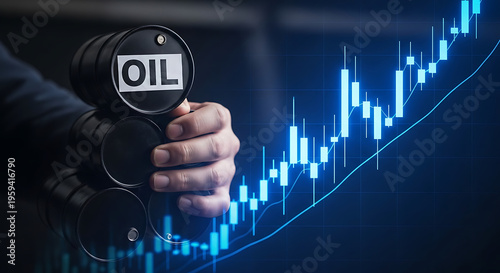 Hand Holding Miniature Oil Barrels with Rising Stock Market Candlestick Chart and Financial Growth Concept.