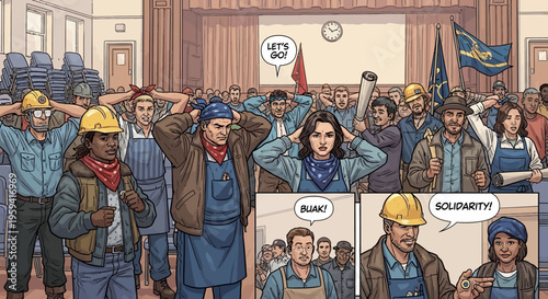 Comic book illustration of factory workers in labor union meeting, industrial workers in hard hats and overalls, blue collar solidarity and protest