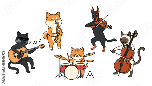 Diverse group of cute animals including cats and dogs playing various musical instruments as a jazz band on a white background.