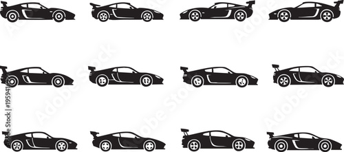 Black sports car silhouettes on white background vehicles