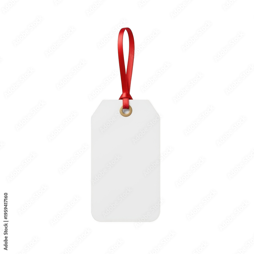 Fototapeta premium A blank white gift tag with a red loop and gold ring isolated on transparent background