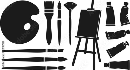 Painting and fine art equipment silhouettes collection solid black shapes
