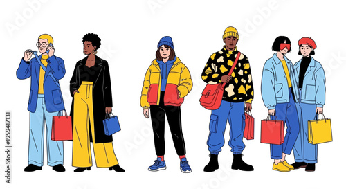 Diverse group of stylish individuals with shopping bags enjoying a day out, embodying modern fashion and urban lifestyle