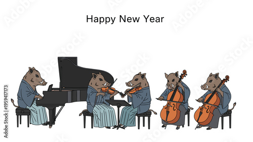 Band of wild boars dressed in traditional Japanese clothing performing classical music with piano and string instruments for New Year.