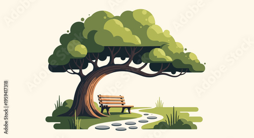 Minimalist Vector Illustration of a Park Bench Under a Large Green Tree with a Stone Path, Peaceful Nature Concept Landscape