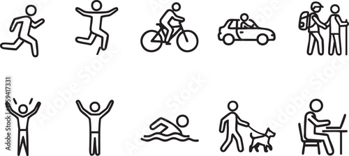Black stick figures depicting various everyday activities black and white running cycling