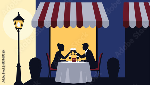 Silhouette of a romantic couple enjoying a candlelit dinner at an outdoor cafe at night with striped awnings and a street lamp.