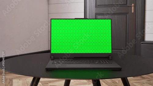 Laptop green screen mockup on round table in modern home interior