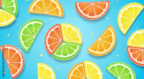 Vibrant citrus candy slices on blue background with colorful orange lemon and lime pieces