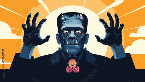 Dramatic pixel art of Frankenstein monster looming over a scared crying child against a large orange sun and cloudy sky background.