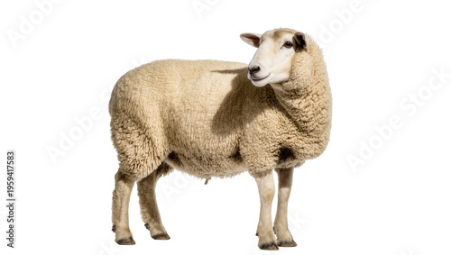 Beautiful domestic sheep with thick woolly fleece standing, elegant full-body side view