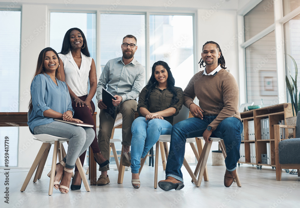 Fototapeta premium Business, team and happy with portrait in office for journalism, career development or about us. Diversity, journalists and people with smile at media agency for news reporting, copywriting or growth