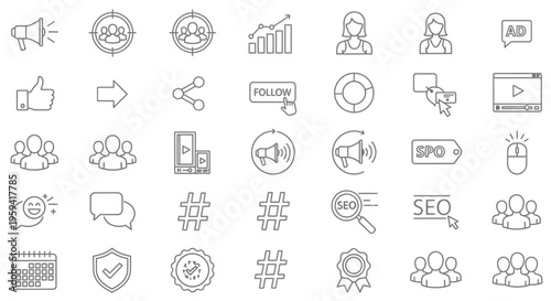 Set of marketing and SEO icons representing digital advertising, social media engagement, analytics, and brand promotion strategy