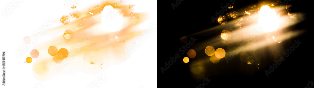 Fototapeta premium Golden Light Particles and Dust Streaks Isolated on Transparent Background for Overlays and Visual Effects