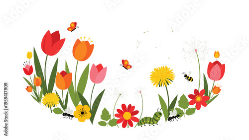 Beautiful arrangement of various spring flowers and insects including butterflies and bees in a semi-circular floral wreath design.