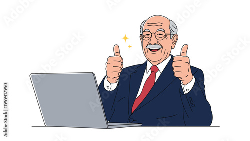 Senior businessman in a navy suit sitting at his laptop and giving two thumbs up with a huge smile of satisfaction.