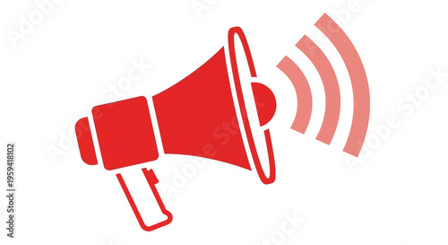 Red megaphone icon with sound waves, minimalist loudspeaker symbol for marketing and alerts, flat bullhorn graphic on white background