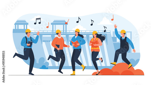 Group of happy construction workers in uniforms and hard hats dancing joyfully in front of a massive hydro-electric dam.