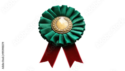 Fotografie Luxurious green rosette prize ribbon with a gold medal featuring a laurel wreath
