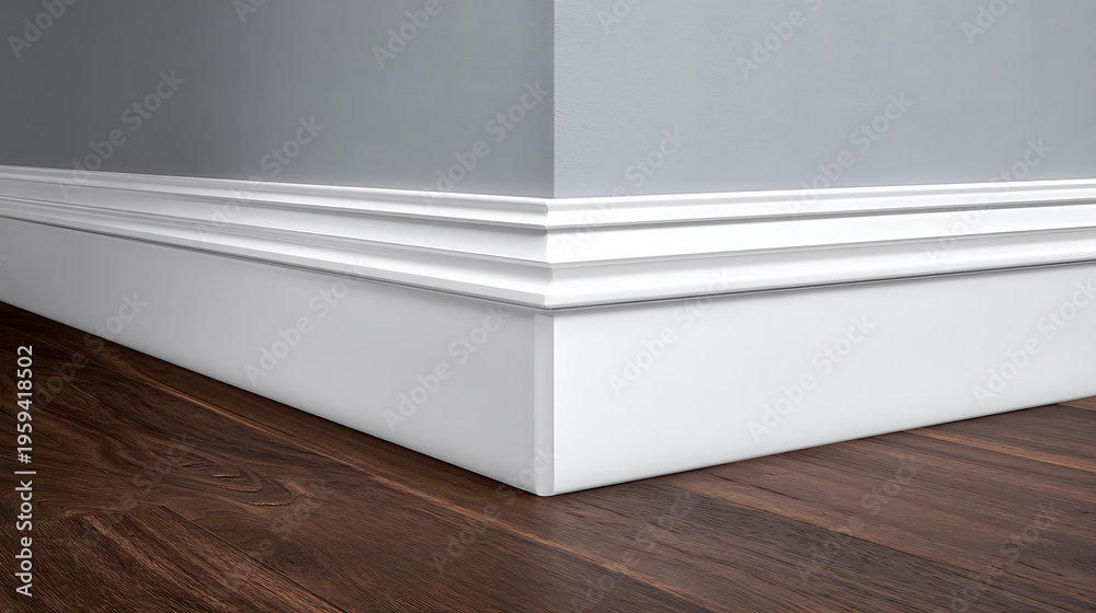 Fototapeta premium Elegant white baseboard and crown molding detail against a soft gray wall with rich dark hardwood flooring, highlighting interior design elements