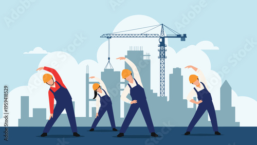 Team of construction workers in hard hats and overalls performing synchronized stretching exercises at a building site.