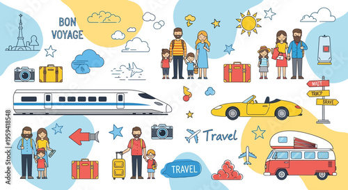 Family Travel and Vacation Vector Illustration Set with Families, Transport Icons, and Tourism Elements