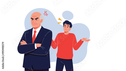Angry senior businessman standing with arms crossed next to a worried young man who is explaining or apologizing for a mistake.