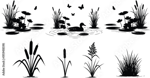 Black silhouette collection of pond marsh plants with duck butterflies cattails lily pads and reeds for nature landscape vector design