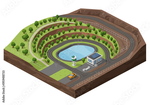 Isometric quarry with water reservoir, processing plant, and solar panels