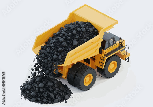 Large yellow dump truck unloading a full load of black coal onto the ground