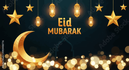 Festive golden crescent, twinkling stars, and ornate lanterns illuminate a radiant digital backdrop, perfect for spiritual holiday celebrations and greetings