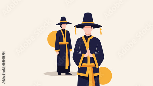 Two figures in traditional Korean hanbok attire standing solemnly against a beige background with decorative yellow circles.