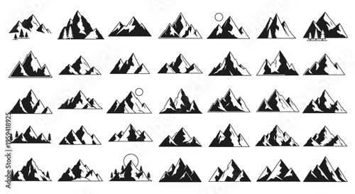 Large Collection of Mountain Silhouette Icons and Peaks Vector Graphics for Logo Design and Branding