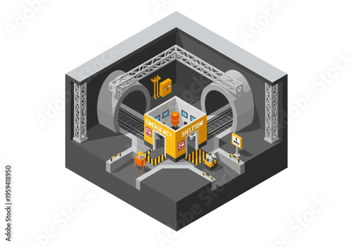 Isometric illustration of construction tunnel with heavy machinery and safety signage