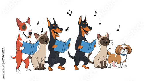 Group of various dogs and cats singing in a choir from blue music books with floating musical notes background.