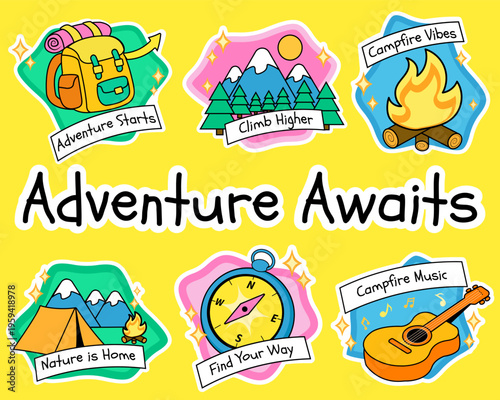 Colorful camping adventure sticker set with outdoor travel elements including backpack, mountains, campfire, tent, compass and guitar. Perfect for tourism design, scrapbooking, planners, social media 