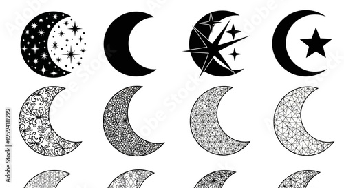 A diverse collection of stylized crescent moon designs, showcasing various patterns and celestial elements, suitable for decorative or symbolic purposes in graphic art projects