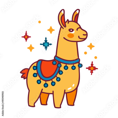 Adorable cartoon llama festive setting with colorful blanket and decorative collar. Smiling llama features intricate design elements and bright stars, enhancing llama festive setting illustration.