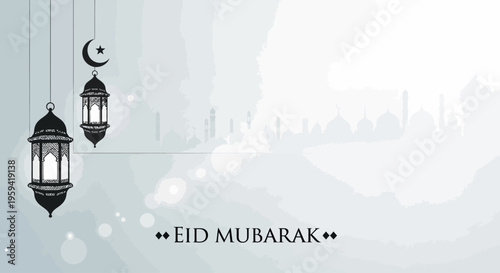 Elegant Eid Mubarak greeting with hanging lanterns and crescent moon, signifying celebration and blessings for the Islamic festival
