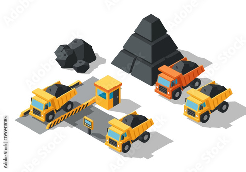 Industrial mining scene with trucks and coal piles, representing heavy machinery and resource extraction