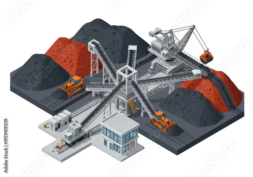 Industrial mining operation with heavy machinery, conveyor belts, and piles of coal and ore
